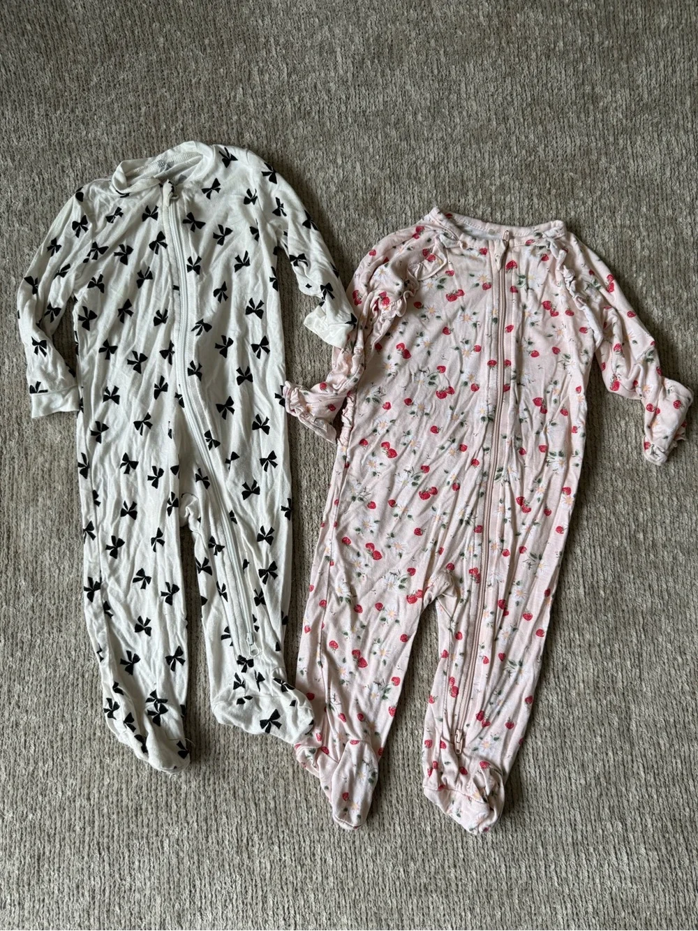 Milkberry Baby 3-6M Bamboo Zip Footie Pajamas Bows Strawberries 2 Pack